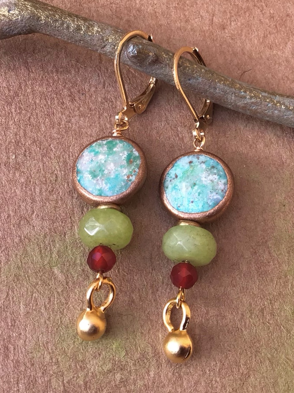 Turquoise Peridot Carnelian Gold Edge Sundance Charm Earrings